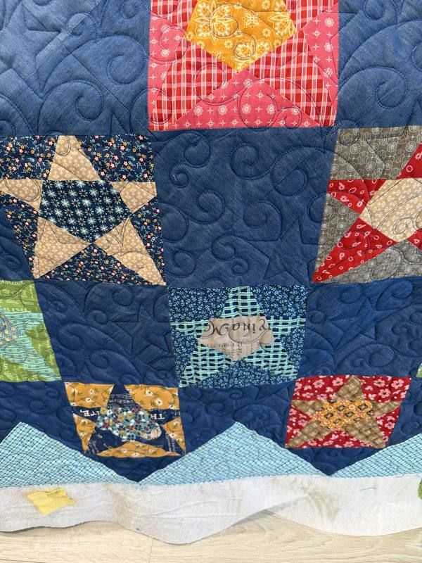 Paisley scroll stitching on blue quilt