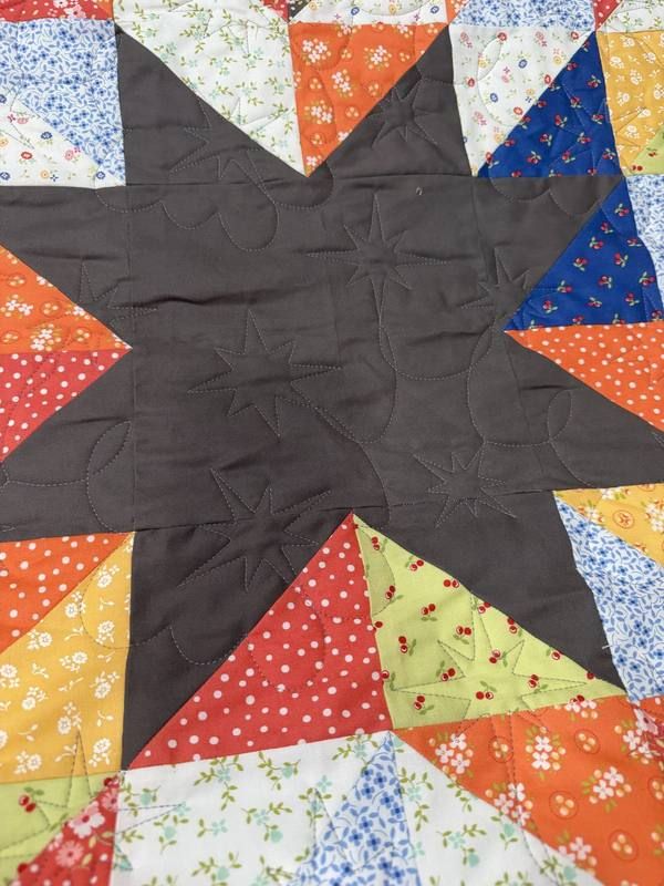 Leaf and feather fill quilting on star block
