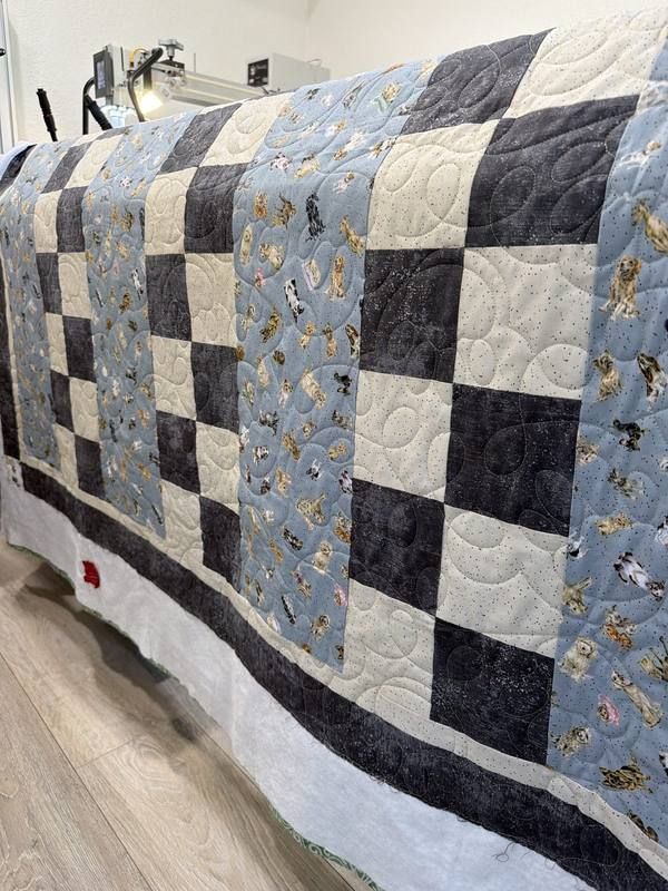 Dog breed fabric checkerboard quilt in gray and cream